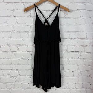 Black Boho dress Pom Pom Trim Strappy summertime playful size small vacation